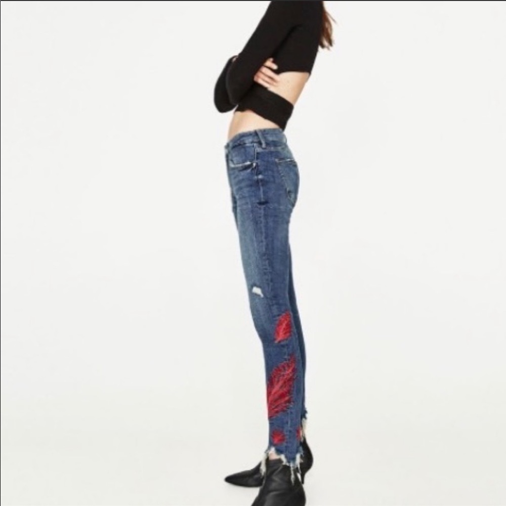Zara - Embroidered Red Feather Jeans